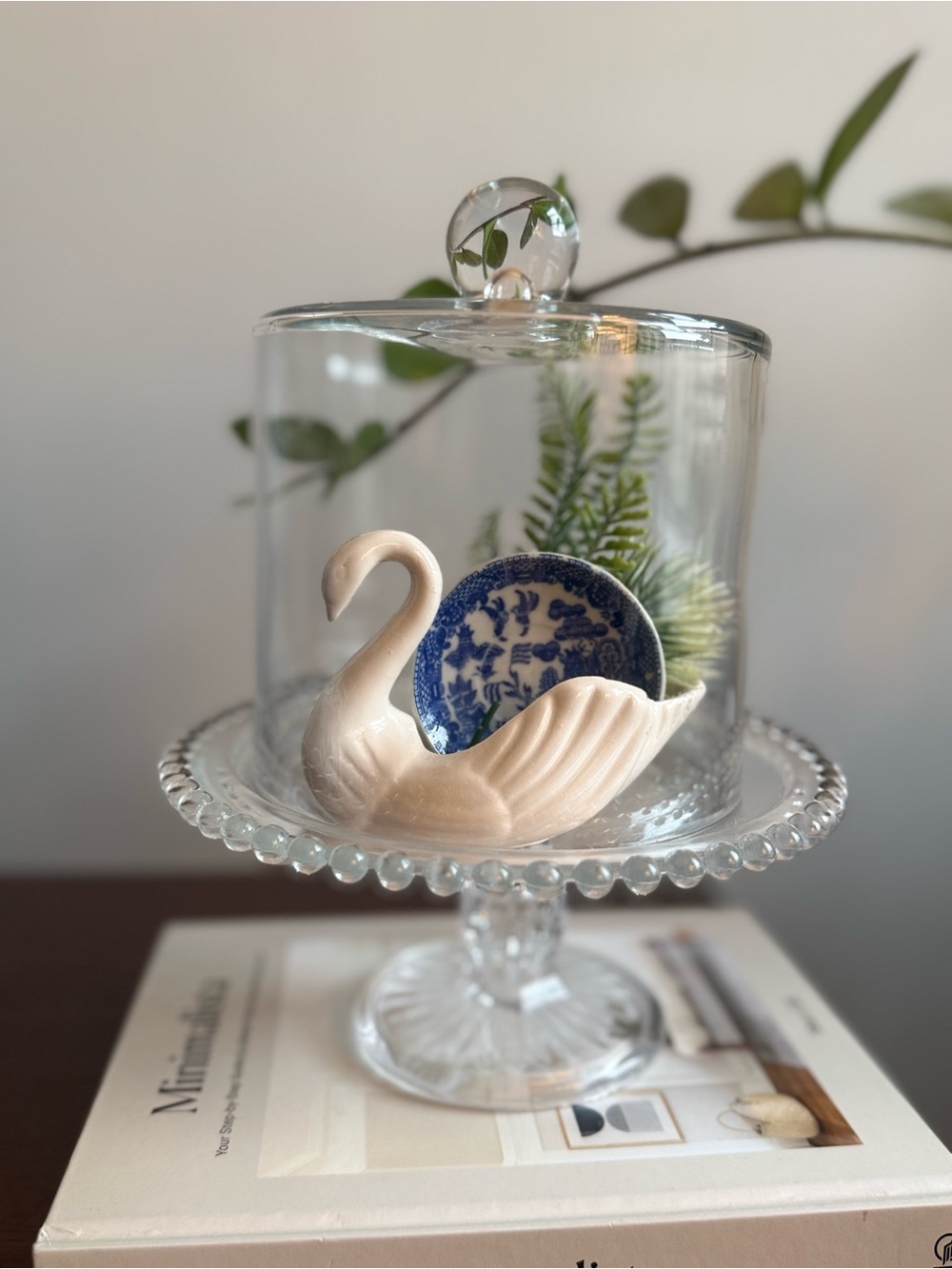 Ivory Swan Trinket with Blue Willow Plate, Pedestal Cake Stand & Glass Cloche